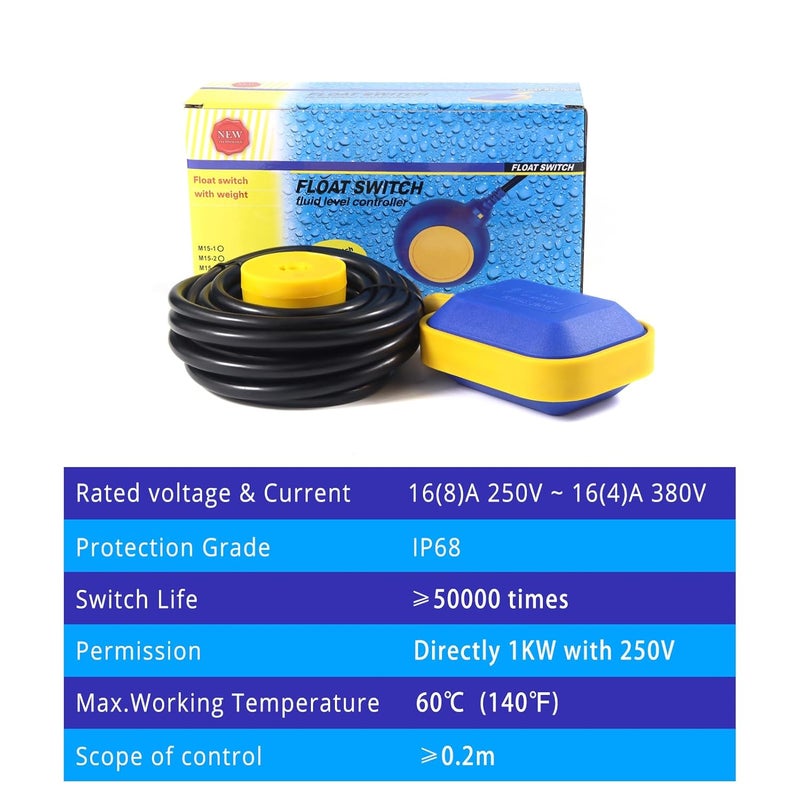 Mamfous Float Switch, 220V 16A Waterproof Tethered Float Switch & Liquid Level Controller with Cable for Water Tank, Sump Pump, Septic Tank, Pool, Pond, Aquarium (13.12ft(4M)) - Image 3